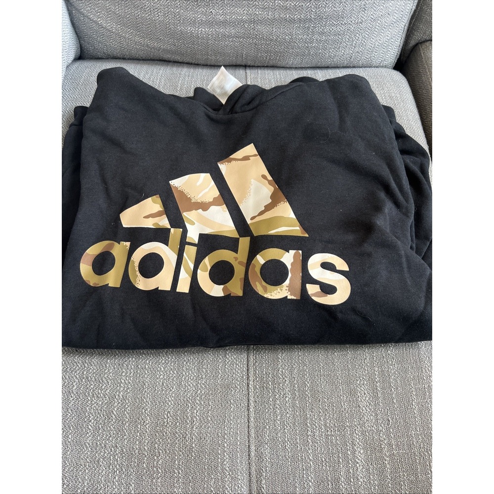 Adidas Hoodie Mens L Black Camo Logo Drawstring Fleece Lined Pockets